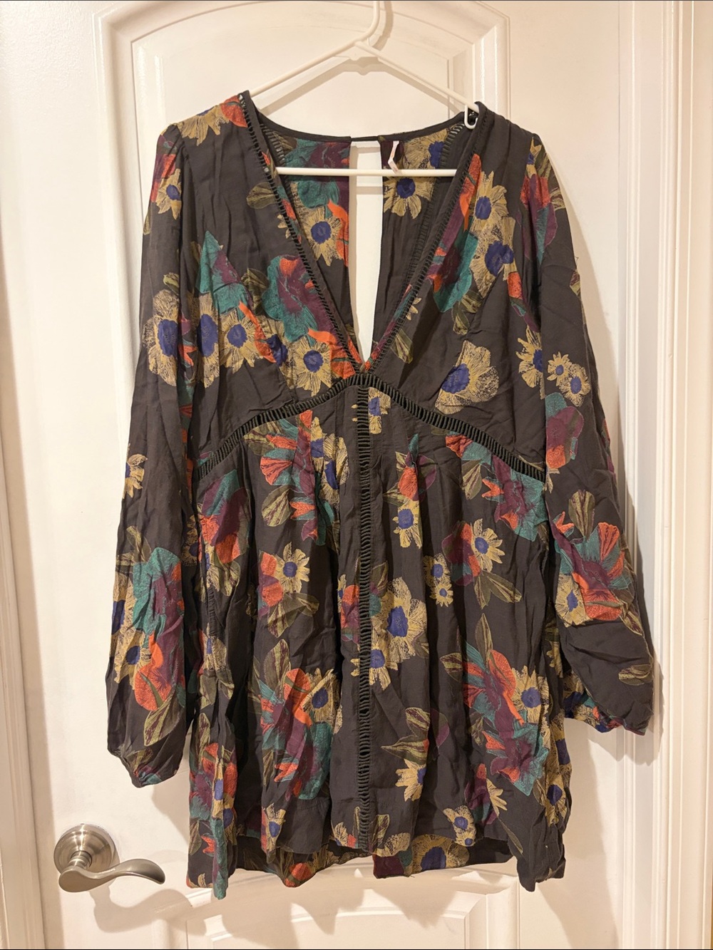 Free People Black Floral V-Neck Mini Dress - Multicolor